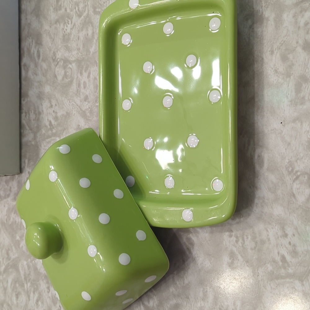 City To Cottage Green White Polka Dot Butter Dish - Picture 2 of 5